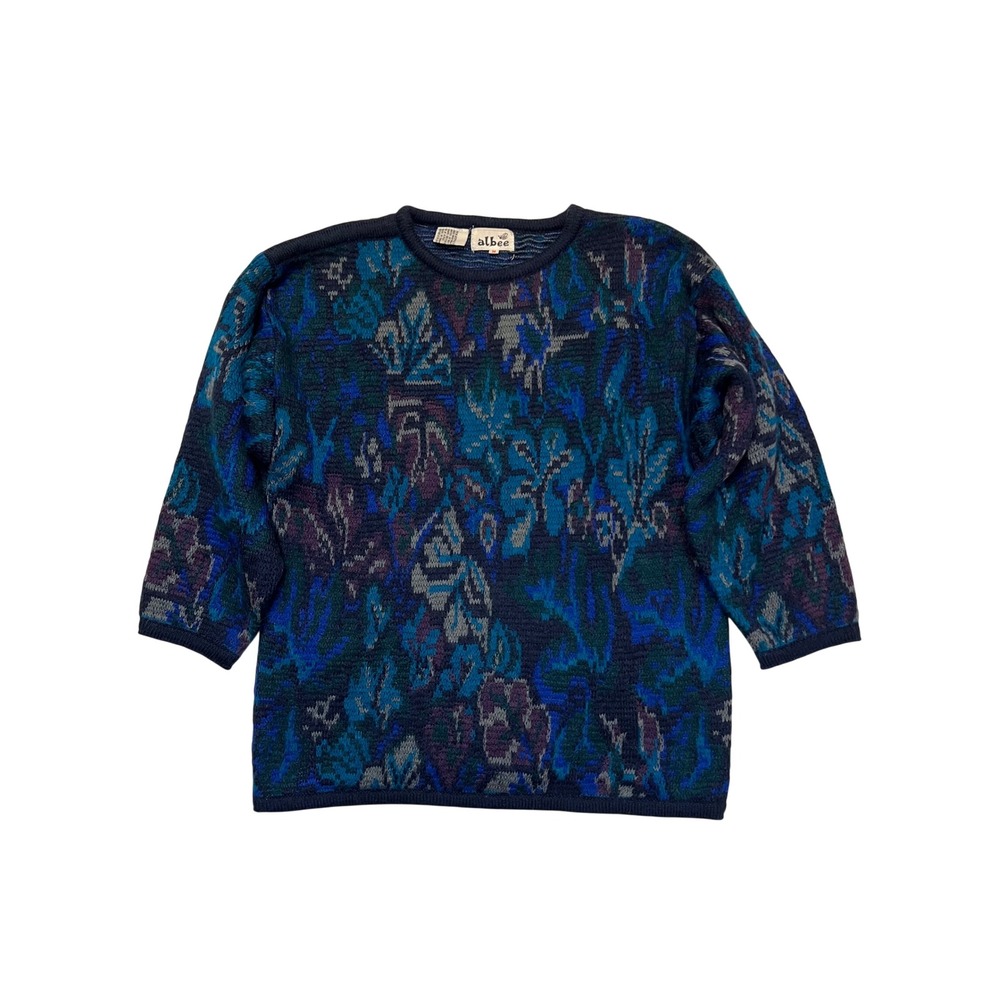 Albee Vintage Blue Purple Abstract Floral Knit Artsy Crewneck Sweater Size M